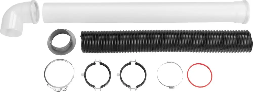 Abgaszubehör-Set bestehend aus einem weißen Rohr, einem gebogenen Rohr, einem flexiblen schwarzen Schlauch und Verbindungselementen für die Verwendung mit Bosch Geräten.